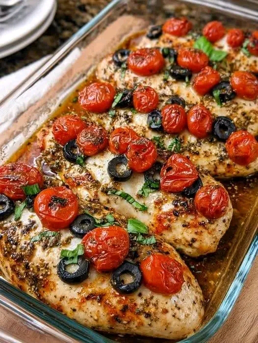 # Mediterranean Baked Chicken Recipe **By Joshua | June 8, 2026** Bring the fresh flavors of the Mediterranean to your table with this simple baked chicken recipe. Tender chicken breasts are roasted with juicy cherry tomatoes, savory black olives, fragrant garlic, and classic Italian herbs for a delicious one-pan meal. It's an easy dinner that's high in protein, naturally low in carbs, and perfect for both busy weeknights and family gatherings. ## Meta Description Make this easy Mediterranean Baked Chicken with juicy chicken breasts, cherry tomatoes, olives, garlic, and herbs. A healthy one-pan dinner that's ready in under 30 minutes. ## Ingredients * 4 boneless, skinless chicken breasts * 2 cups cherry tomatoes, halved * ½ cup sliced black olives * 3 garlic cloves, minced * 2 tablespoons extra virgin olive oil * 1 tablespoon Italian seasoning * 1 teaspoon paprika * Salt and black pepper, to taste * 2 tablespoons fresh basil, chopped * Juice of ½ lemon ## Instructions ### 1. Prepare the Oven Preheat your oven to **400°F (200°C)**. Lightly grease a 9×13-inch baking dish. ### 2. Season the Chicken Arrange the chicken breasts in the baking dish. Drizzle with olive oil, then rub each piece with the minced garlic, Italian seasoning, paprika, salt, and pepper until evenly coated. ### 3. Add the Vegetables Scatter the cherry tomatoes and sliced olives around the chicken, adding a few on top for extra flavor as everything bakes together. ### 4. Bake Bake for **20–25 minutes**, or until the chicken reaches an internal temperature of **165°F (74°C)**. The tomatoes should become tender and slightly blistered. ### 5. Finish and Serve Remove the dish from the oven. Squeeze fresh lemon juice over everything and sprinkle with chopped basil before serving. ## Serving Ideas This Mediterranean chicken pairs well with many sides, including: * Fluffy quinoa or couscous * Steamed jasmine or basmati rice * Warm crusty bread or garlic bread * A fresh cucumber and feta salad * Roasted vegetables * Zucchini noodles or sautéed spinach for a low-carb option ## Storage ### Refrigerator Store leftovers in an airtight container for up to **3 days**. Reheat gently in the microwave or oven until warmed through. ### Freezer The cooked chicken freezes well for up to **2 months**. While the tomatoes may soften after thawing, the flavor remains delicious. ## Frequently Asked Questions ### Can I use chicken thighs instead of breasts? Yes. Boneless or bone-in chicken thighs work wonderfully and tend to stay extra juicy. Increase the baking time by about **5–10 minutes** if needed. ### Can I include more vegetables? Definitely. Artichoke hearts, sliced red onions, zucchini, bell peppers, or capers all complement the Mediterranean flavors. ### How can I keep the chicken juicy? Avoid overcooking by using a meat thermometer. Remove the chicken once it reaches **165°F (74°C)**, then let it rest for a few minutes before serving. ### Can I prepare this recipe ahead of time? Yes. You can season the chicken and chop the vegetables several hours ahead of time. Keep everything refrigerated until you're ready to bake. ## Tips for the Best Mediterranean Baked Chicken * Use fresh basil for the brightest flavor. * Fresh lemon juice adds a refreshing finish that's worth the extra step. * Choose ripe cherry tomatoes for the sweetest flavor. * Let the chicken rest for 5 minutes after baking to help retain its juices. ## Final Thoughts This Mediterranean Baked Chicken is proof that healthy meals don't have to be complicated. With simple ingredients, minimal cleanup, and bold Mediterranean flavors, it's a recipe you'll want to make again and again. Whether you're preparing dinner for your family or meal prepping for the week, this easy one-pan dish is always a satisfying choice. **What would you serve alongside this Mediterranean chicken? Share your favorite side dishes or variations in the comments!** **Category:** Chicken Recipes